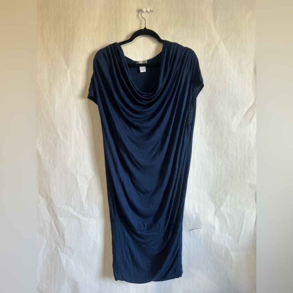 Elegant Navy Blue T-Shirt Cowl Neck Mini Dress. Stretch.
